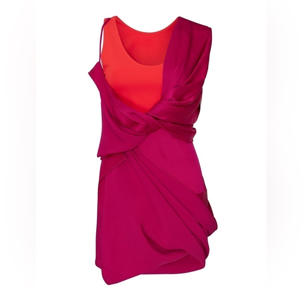 Nwt Atlein Hybrid Satin Draped Mini Dress Runway Color Block Fuchsia Sz 2 — image 4 of 8